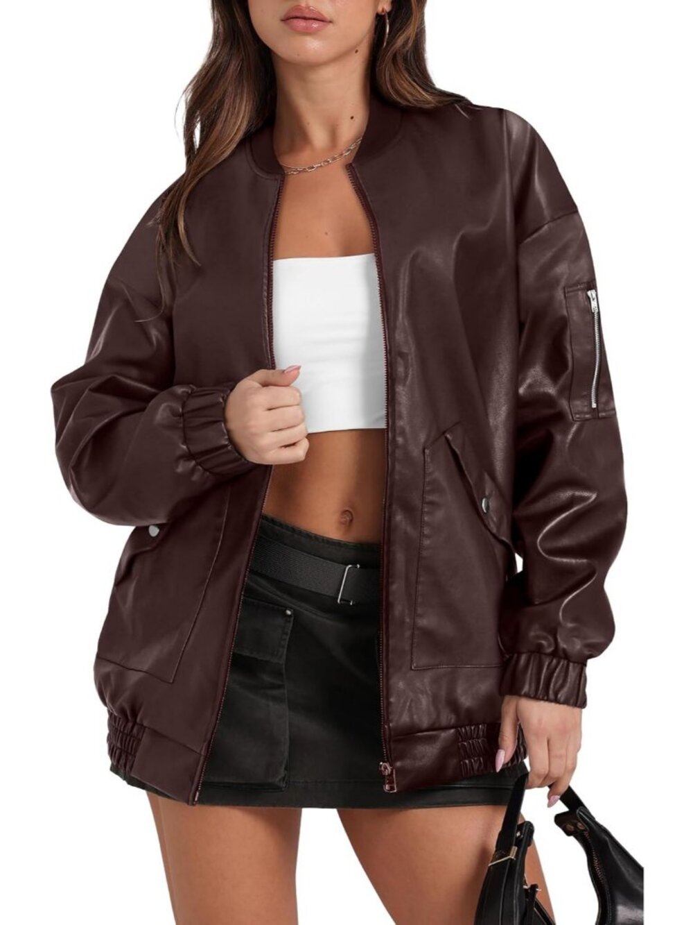 Women Dark Brown Leather Baggy Oversized Zip Up Motorcycle Classic Bomber Jacket